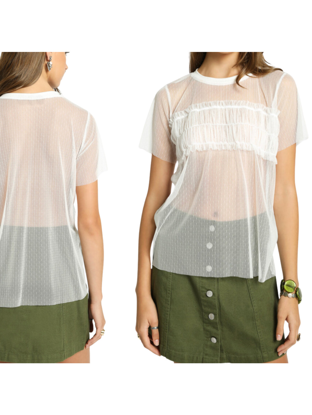 Sans Souci Mesh Sheer White Tee With Smocking Medium